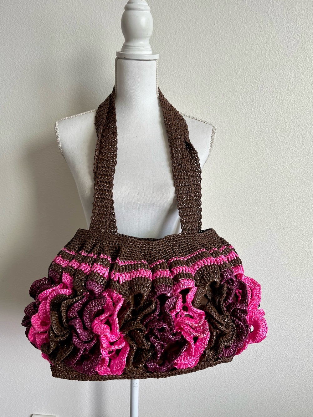 Brown and Hot Pink Crochet Ruffle Shoulder Bag